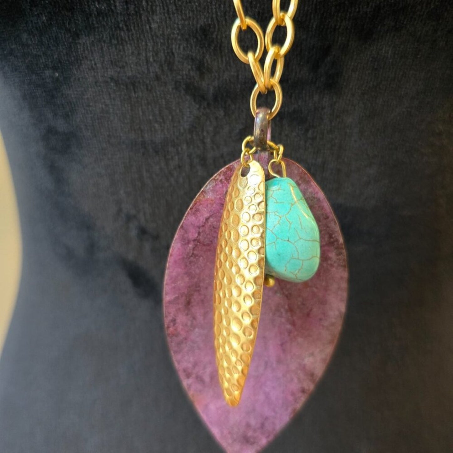 Chico's Green Turquoise Purple Opal Leaf Pendant Necklace w/ Lobster Clasp