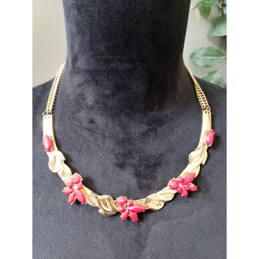 Women's Gold Tone Pink Floral Necklace Leaf Design Lobster Clasp Statement Chic