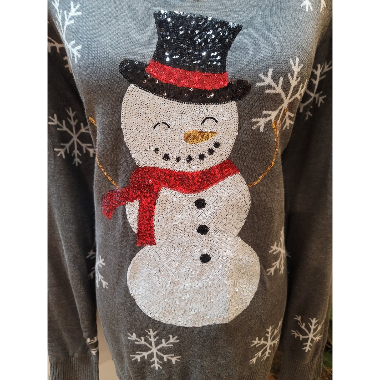 Tipsy Elves Christmas Sweater Women's Large Gray Snowman Long Sleeve Pullover