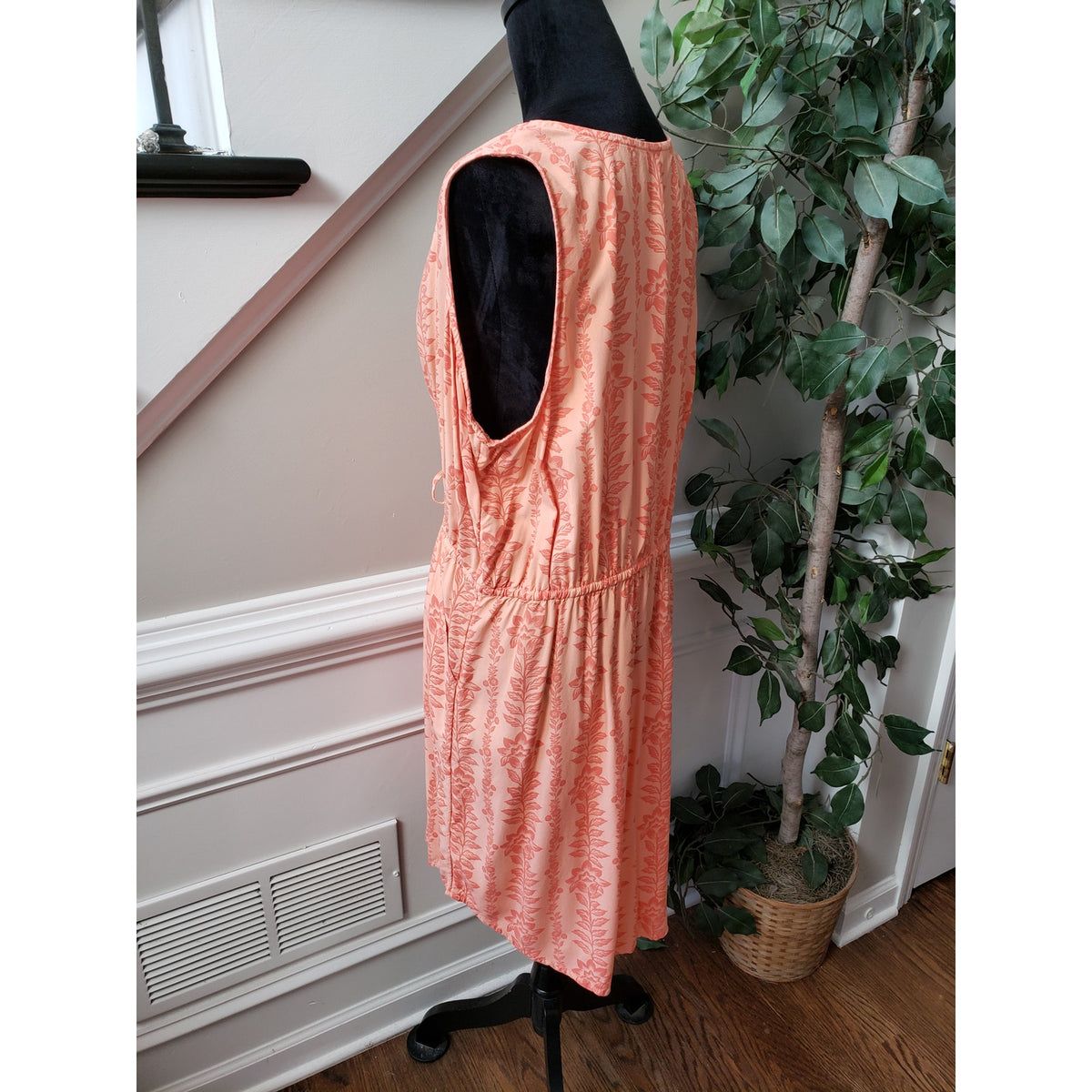 Time and Tru Knee Length Dress Women XL Orange Floral Surplice V Neck Drawstring