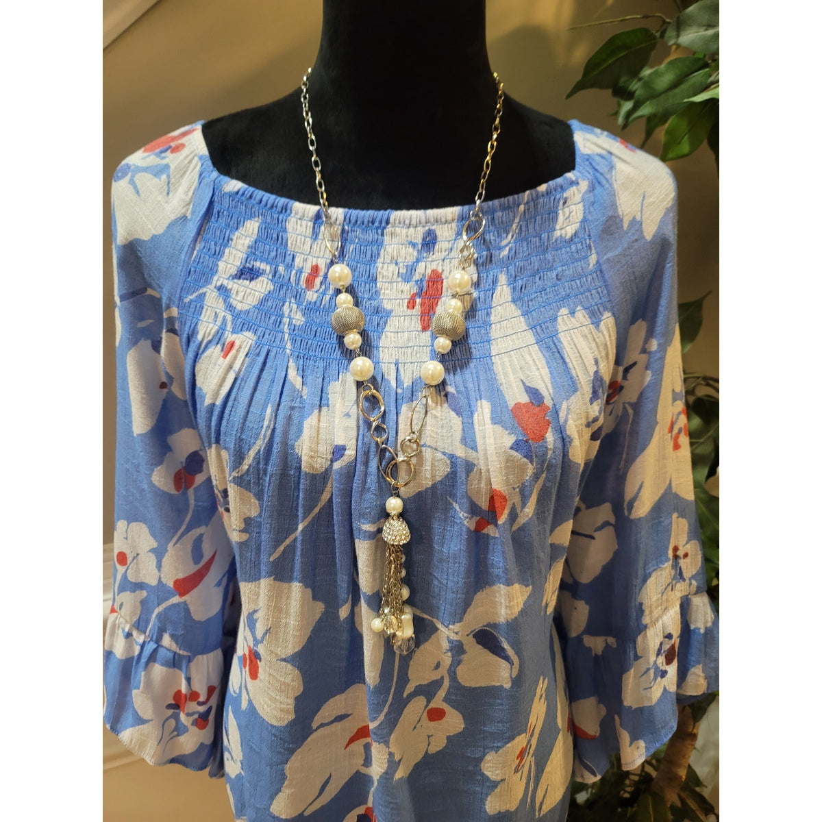 Zac & Rachel Blouse Women XL Blue White Floral Smocked Square Neck Flared Sleeve