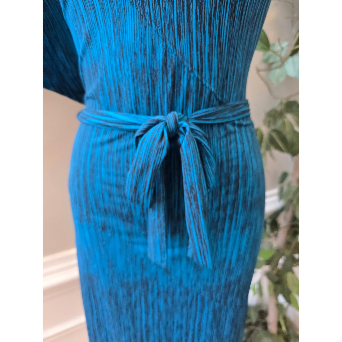 Worthington Stretch Dress Womens Small Blue/Black Space-Dye Waist-Tie One Sleeve