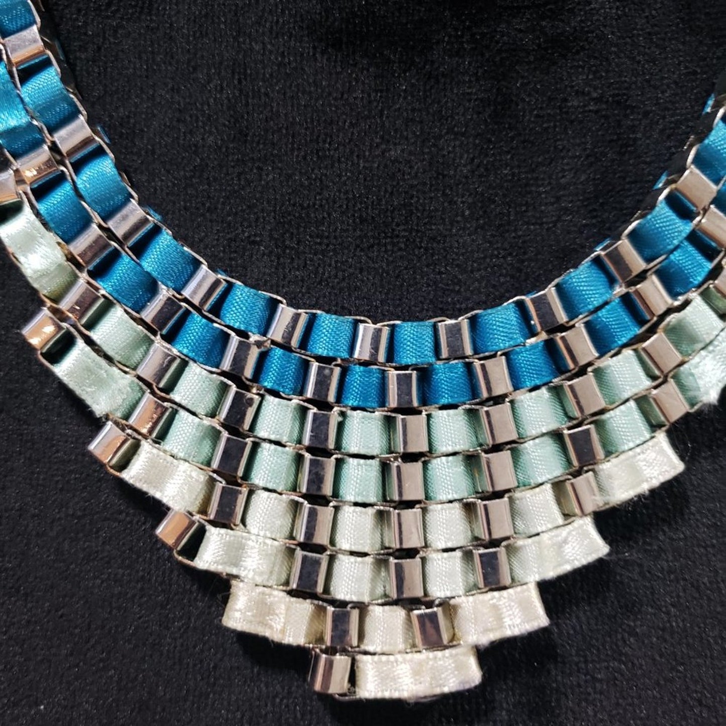 Women Fashion Monique Blue & Green Ribbon Statement Necklace with Lobster Clasp