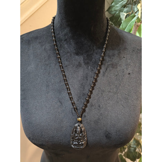 Women's Black Obsidian Buddha Pendant Necklace Hand Carved Beaded Chain