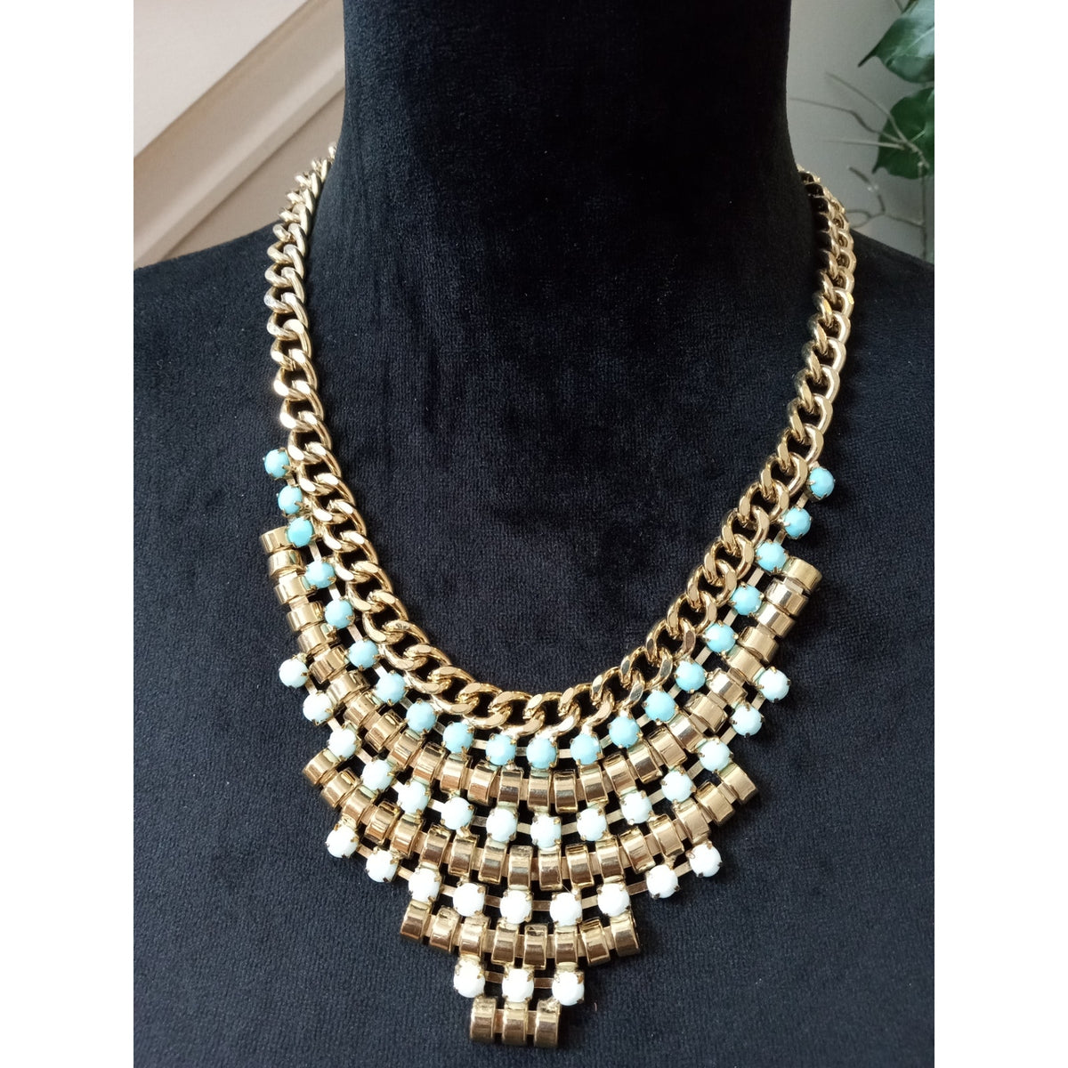 Gold Tone Chain Bib Necklace Turquoise Beads Crystal Statement Collar Necklace