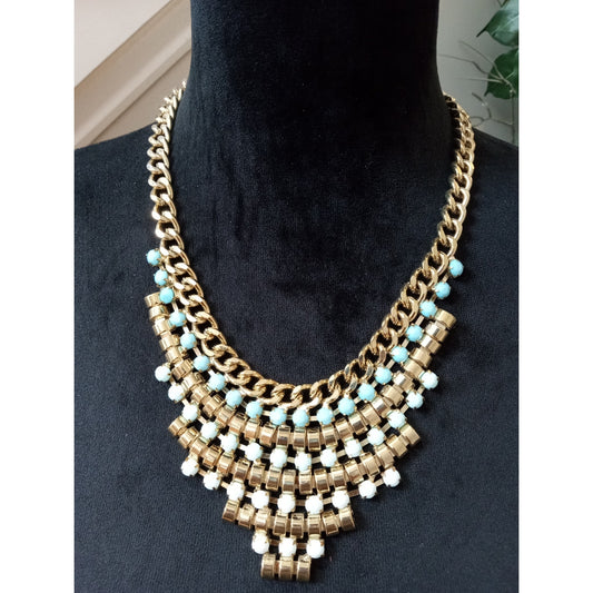 Gold Tone Chain Bib Necklace Turquoise Beads Crystal Statement Collar Necklace