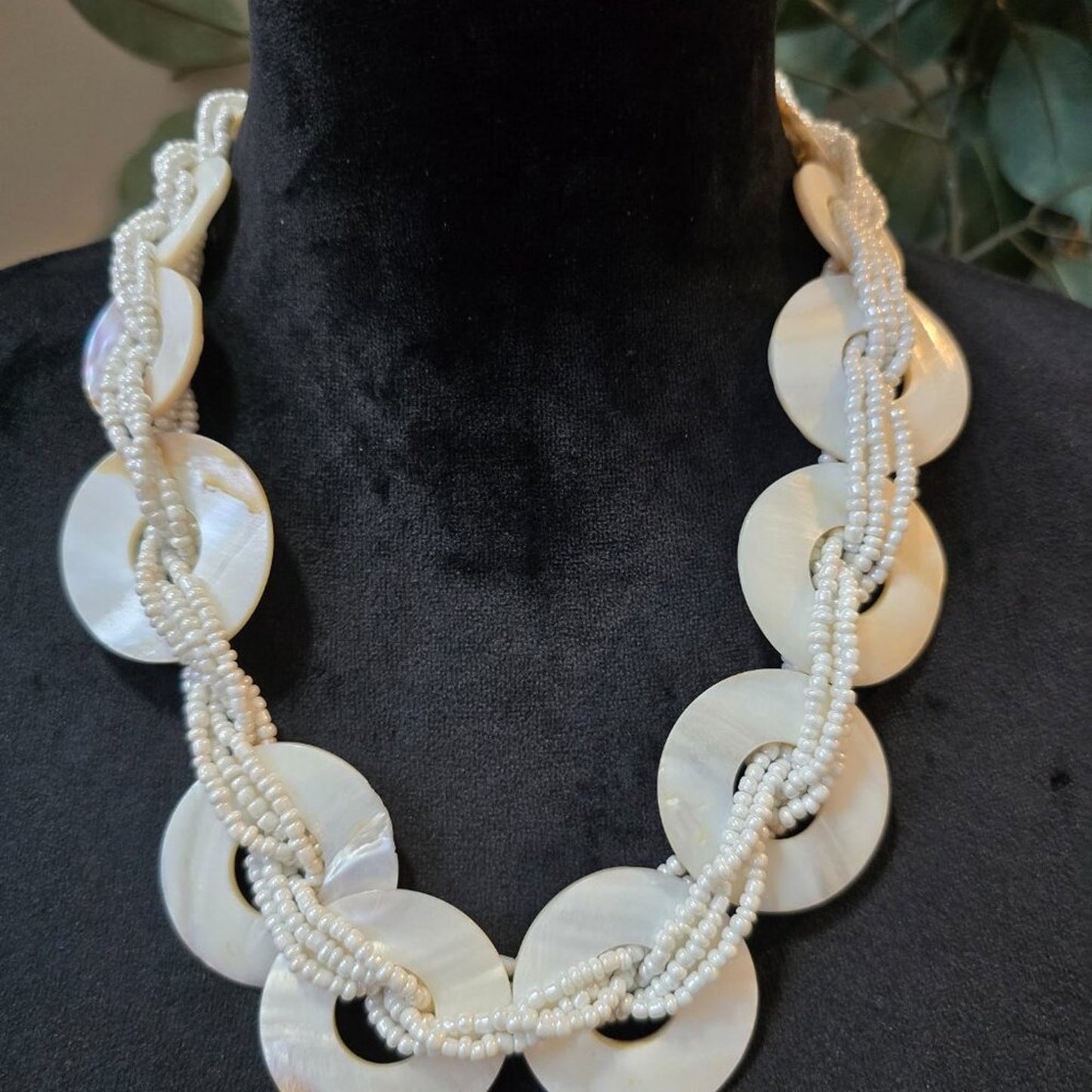Women White Discs and Braided Seed Bead Multi-Strand Necklace with Lobster Clasp