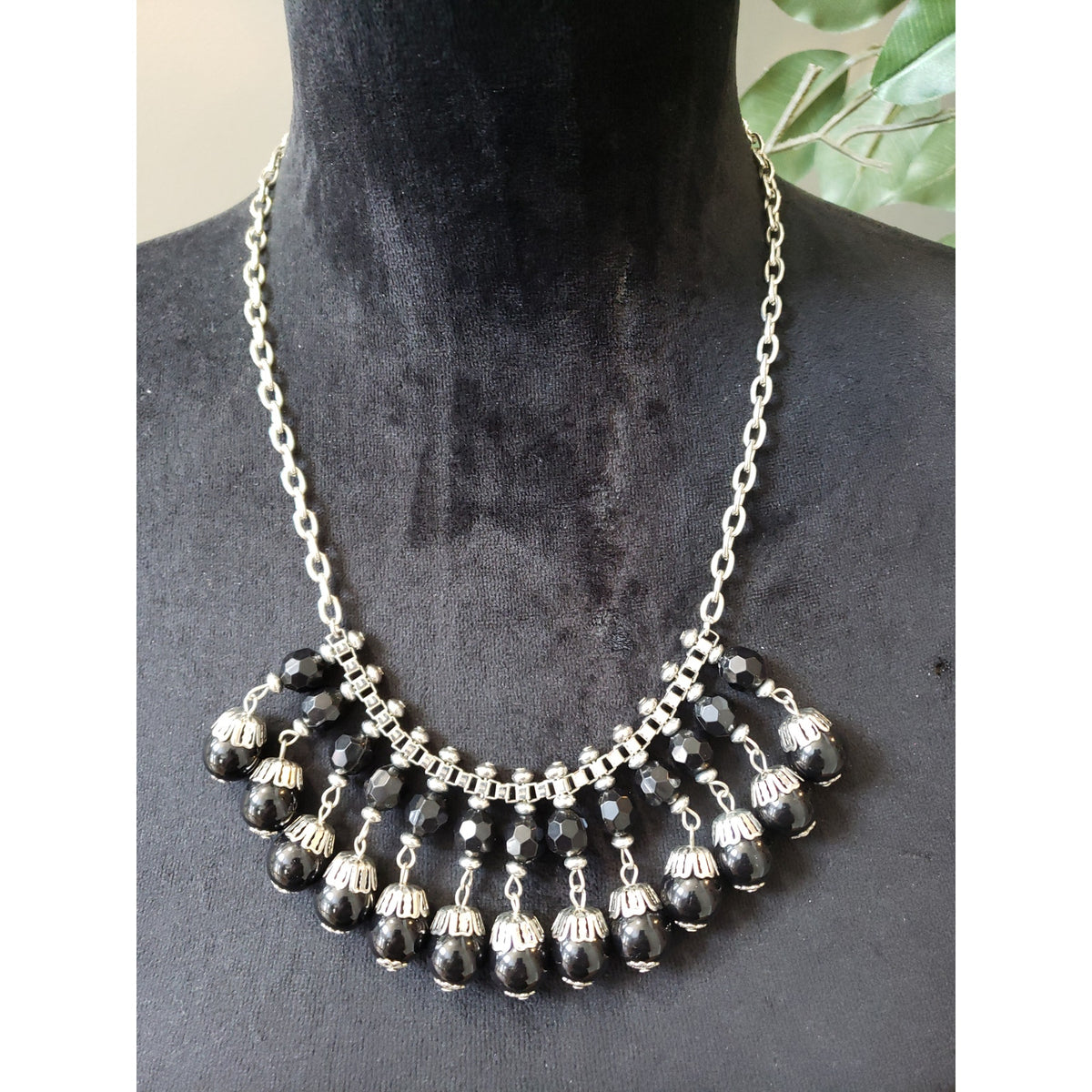 Vintage Black Beaded Necklace Silver Tone Statement with Faceted Drops