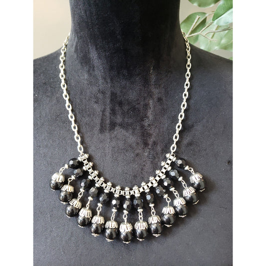 Vintage Black Beaded Necklace Silver Tone Statement with Faceted Drops