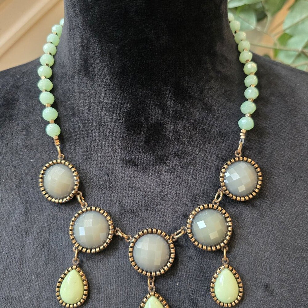 Womens Light Green Gray Jaipur Beads Collar Necklace with Lobster Clasp