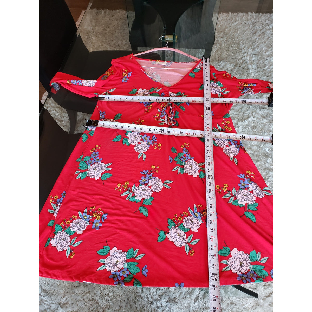 Bobbie Brooks Knee Length Dress Women 3X Red Floral Ruched Long Sleeve V Neck