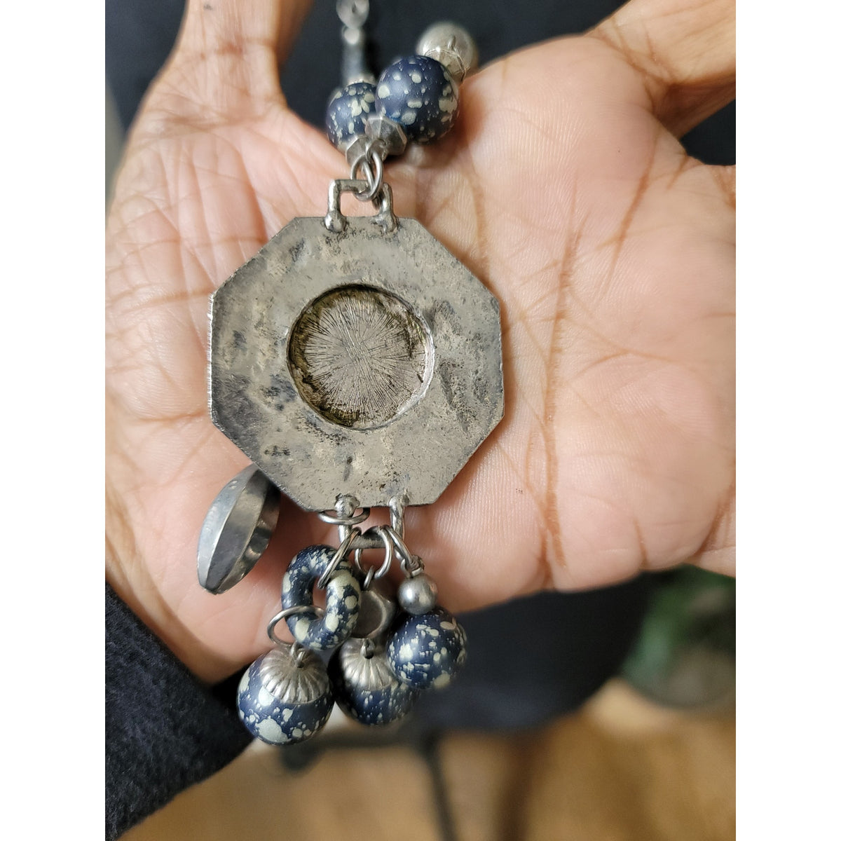 Women's Silver Chain Necklace With Blue Speckled Beads And Lobster Claw Lock