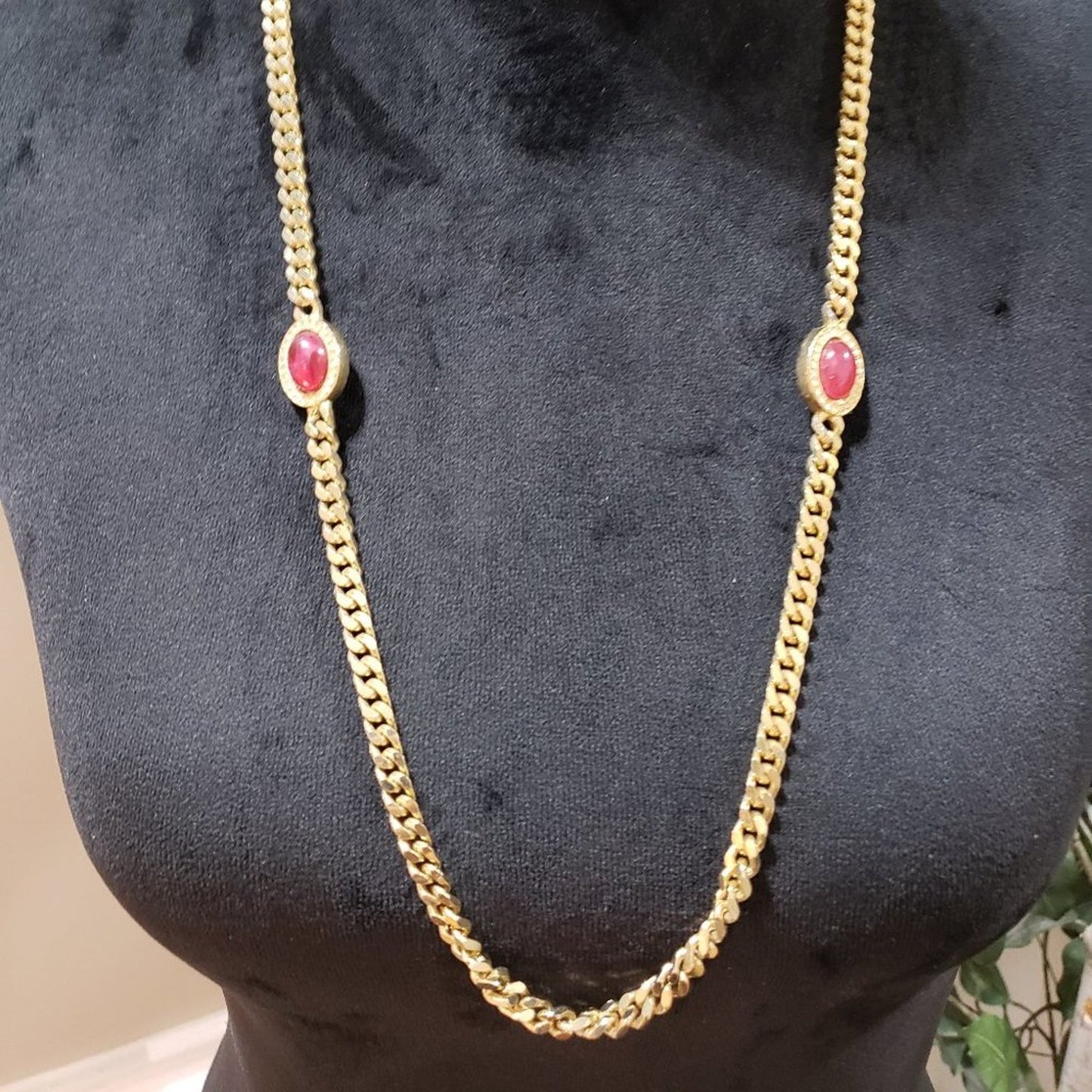 Womens Fashion Gold Tone Curb Chain 2 Ruby Cabochon Bead Cuban Long Necklace