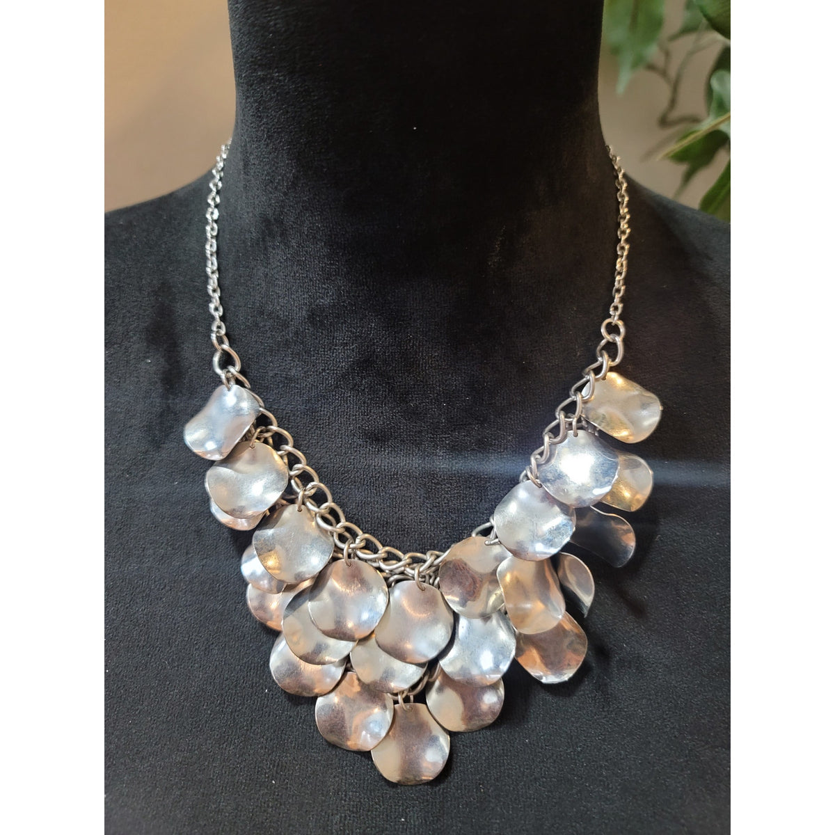 Women's Silver Tone Statement Bib Necklace Layered Hammered Discs Chain