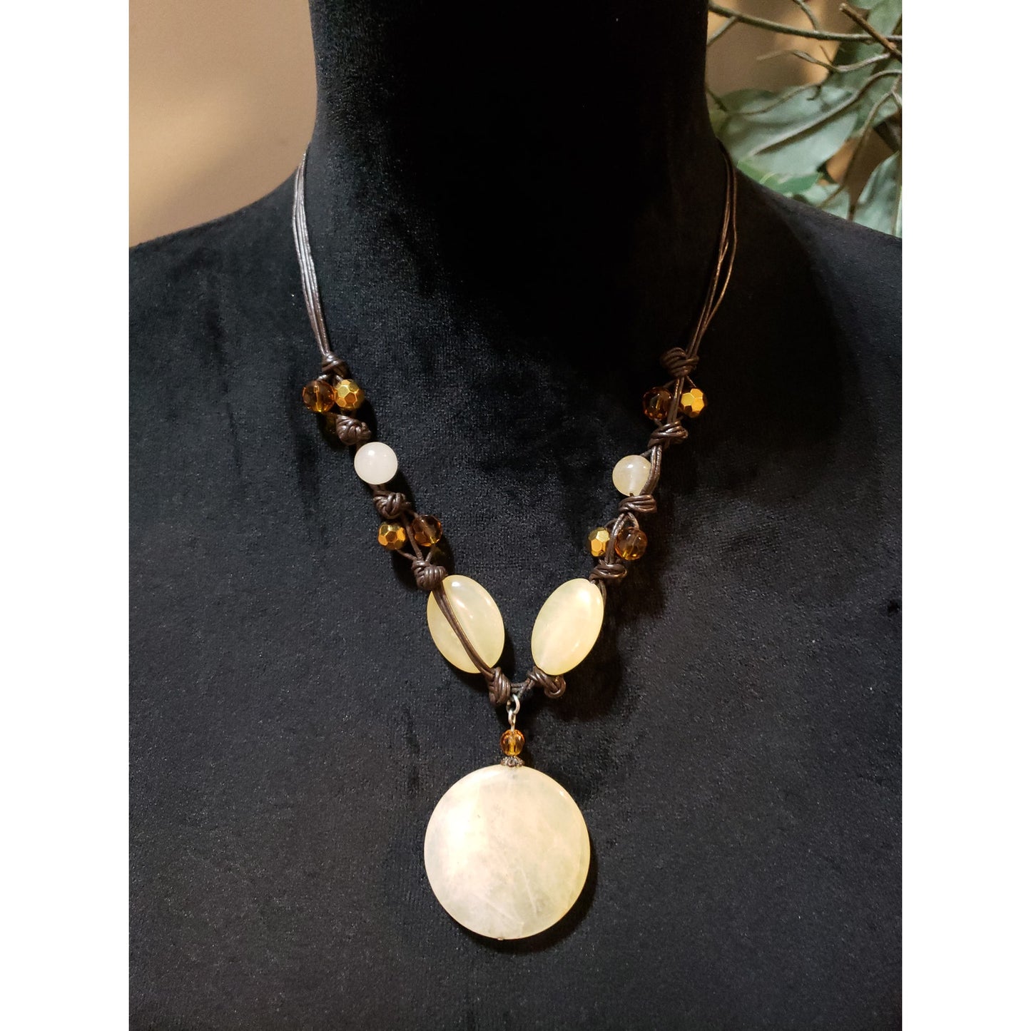 Womens Fashion Crystal on Cord Natural Stone Round Pendant Necklace with Lobster