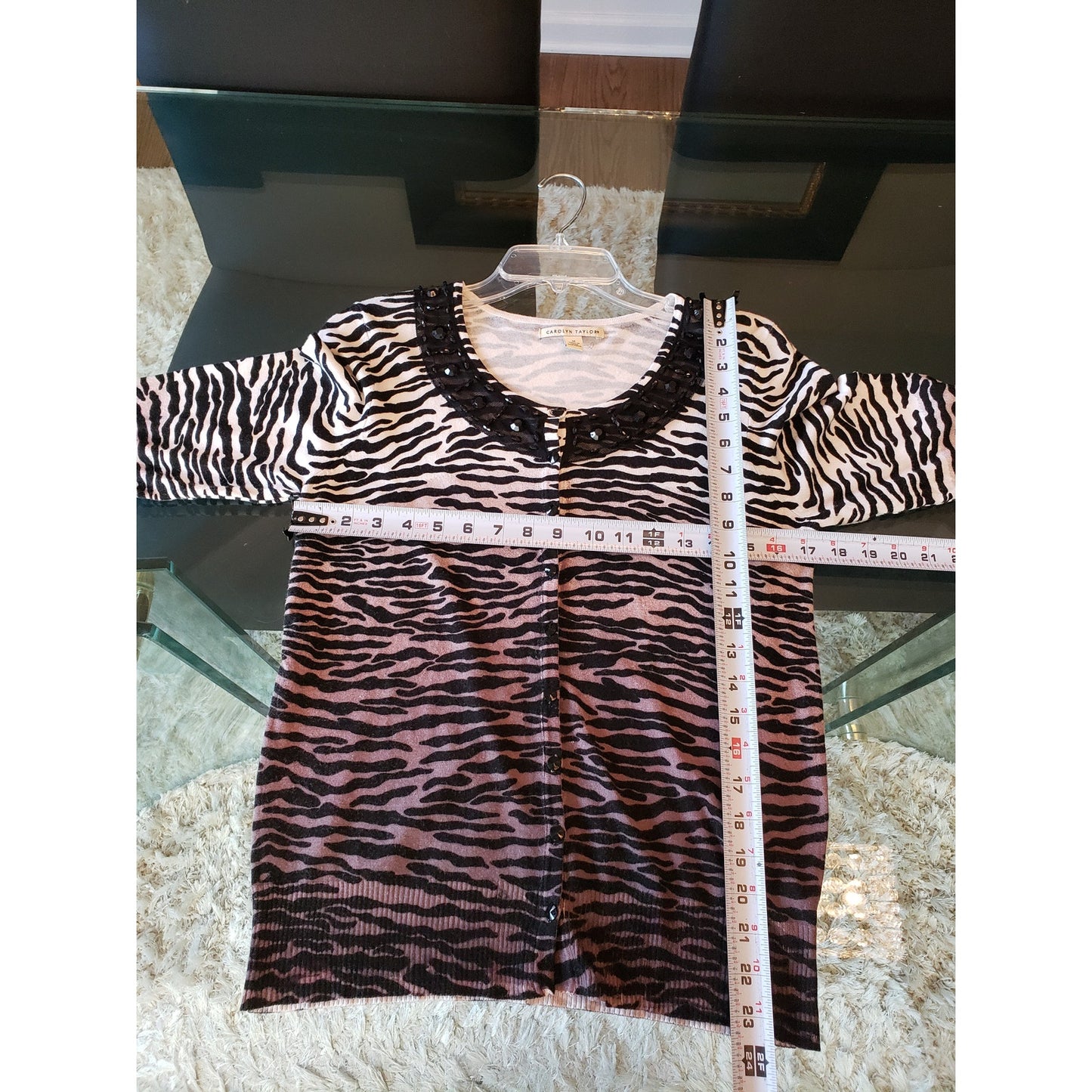 Carolyn Taylor Sweater Womens M Black White Zebra Print Lace Trim Rhinestone