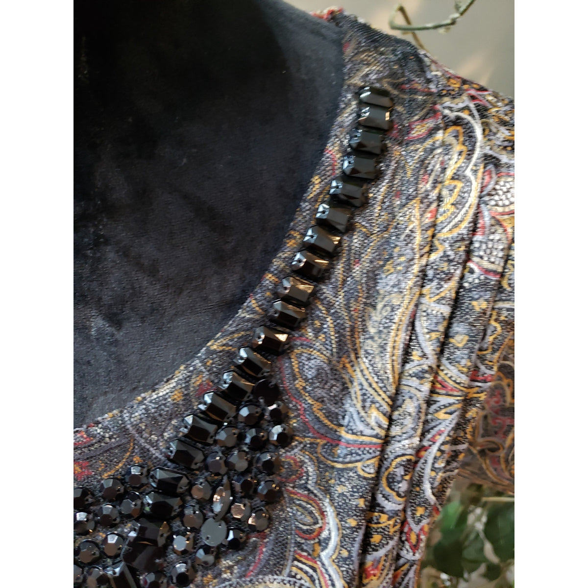 Crea Mure Dress Women Size 8 Brown Paisley Velvet Beaded Neck Boho Short Sleeve