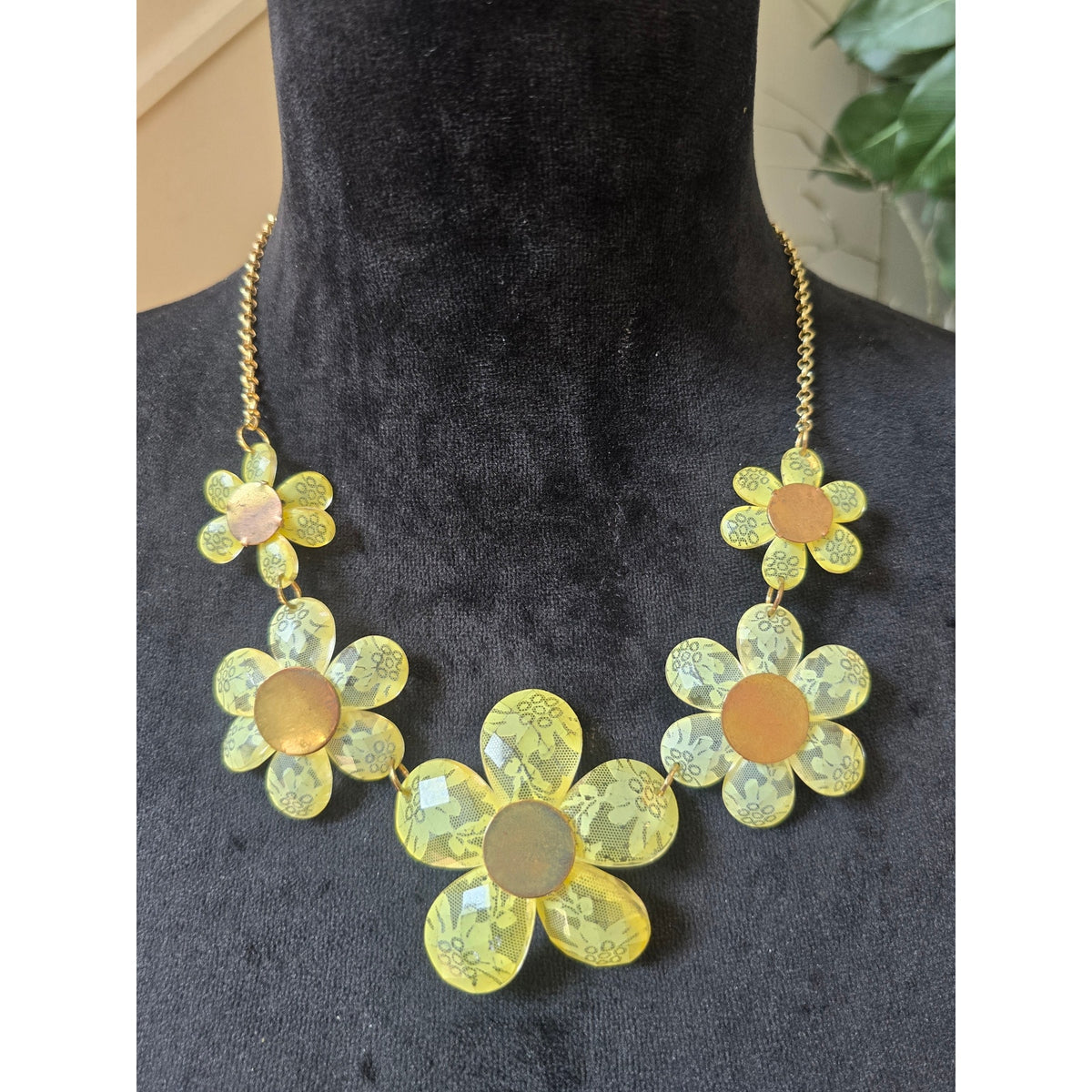 Gold Tone Yellow Floral Acrylic Statement Necklace