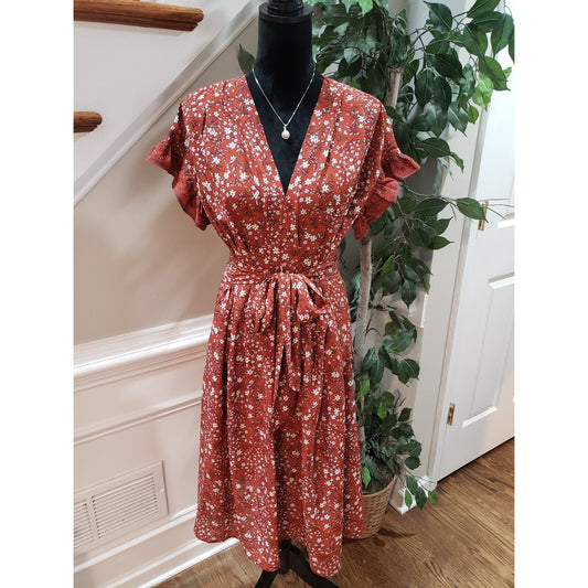 Max Studio Womens Brown Floral V Neck Short Sleeve Knee Length Dress Size Small