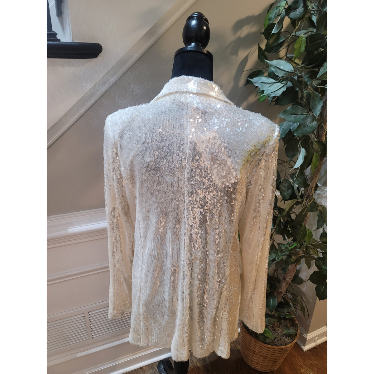 Celebrity Sequin Blazer Women's Large White Snap Button Fully Lined Faux Pockets