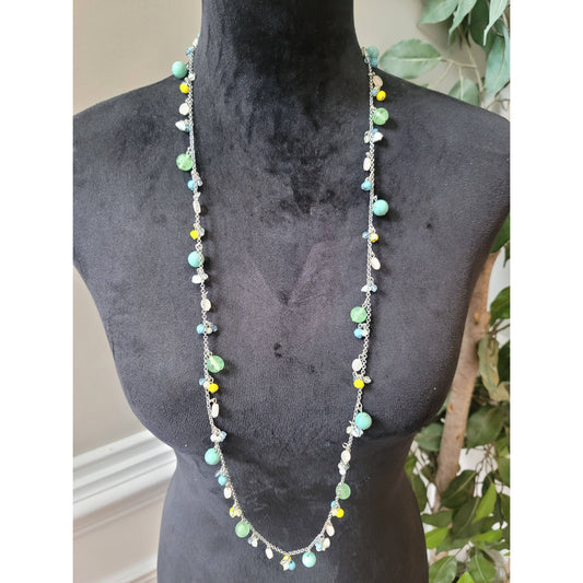 Women's Lia Sophia Beaded Charm Necklace Lobster Clasp Silver Tone Long