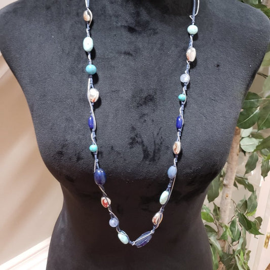 Lia Sophia Silver Tone Blue Bead Stone Bohemian Long Necklace with Lobster Clasp