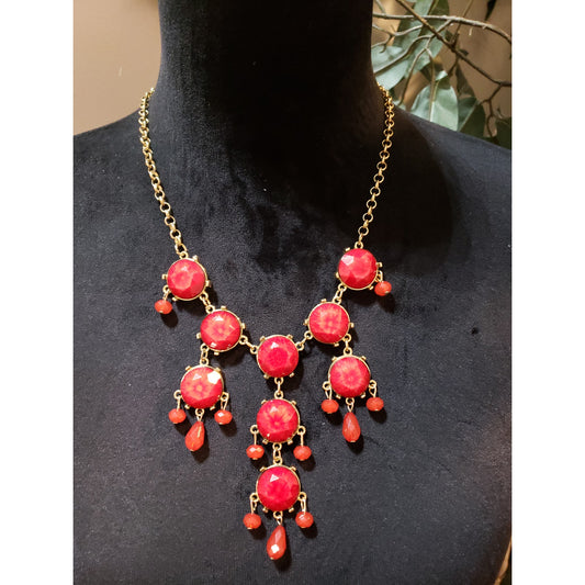 Womens Gold Tone Faceted Red Beads Chandelier Necklace with Lobster Clasp