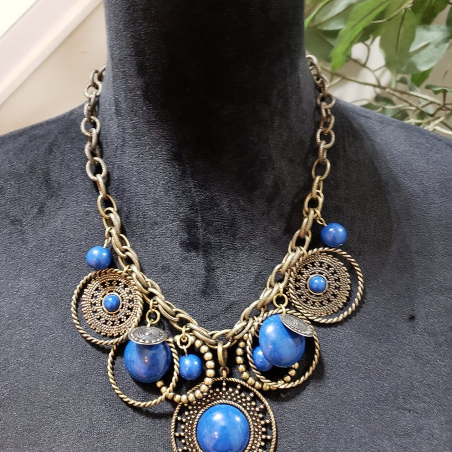 Womens Fashion Indigo Blue Antiqued Brass Chunky Charm Necklace w/ Lobster Clasp