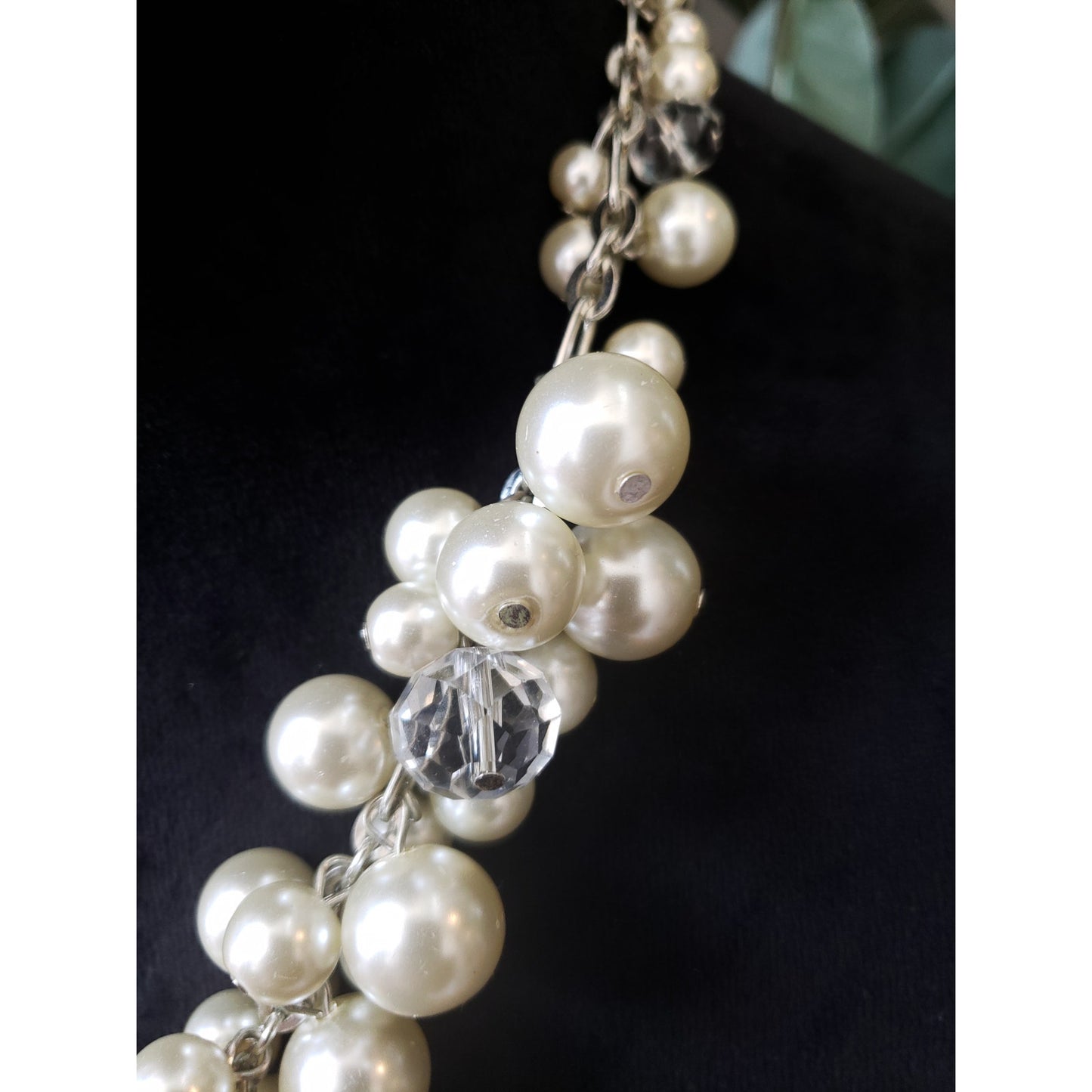 Womens Silver Tone Ivory Faux Pearls Crystals Cluster Statement Necklace Jewelry