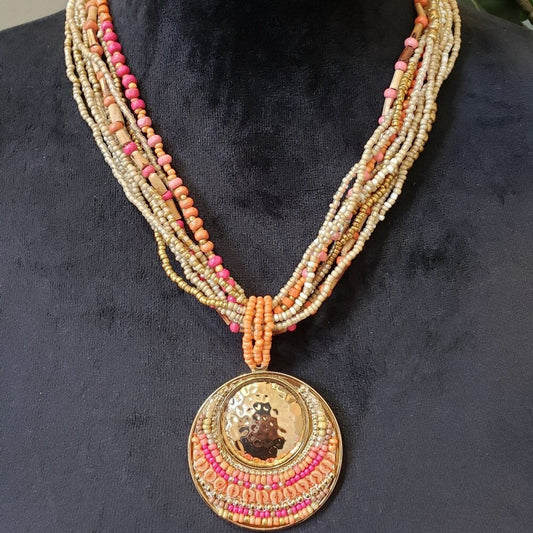 Women Fashion Gold Tone Multi Layered Seed Beads Hammered Medalion Necklace