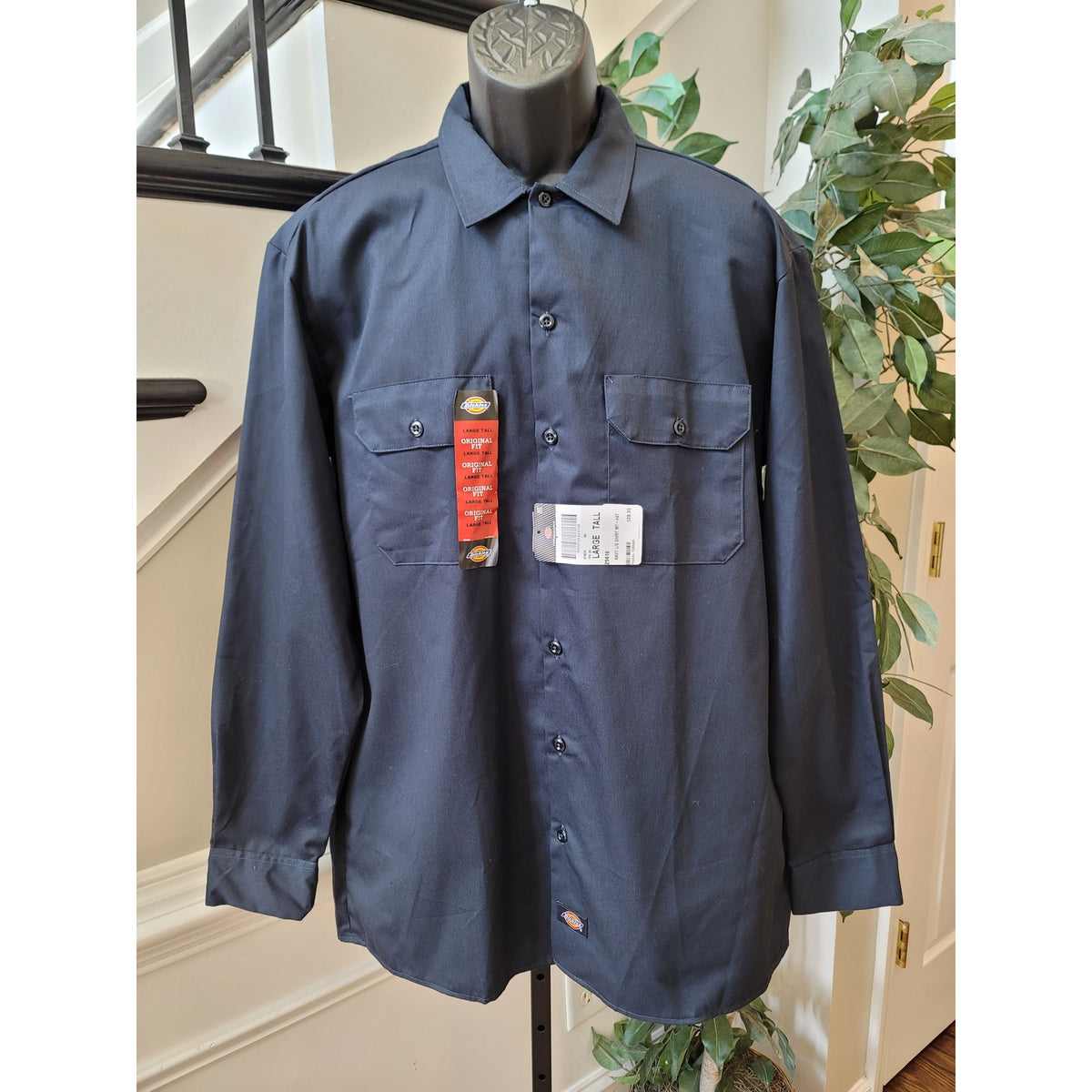 Dickies Long Sleeve Work Shirt Men's Size Large Tall Navy Blue Polyester Blend