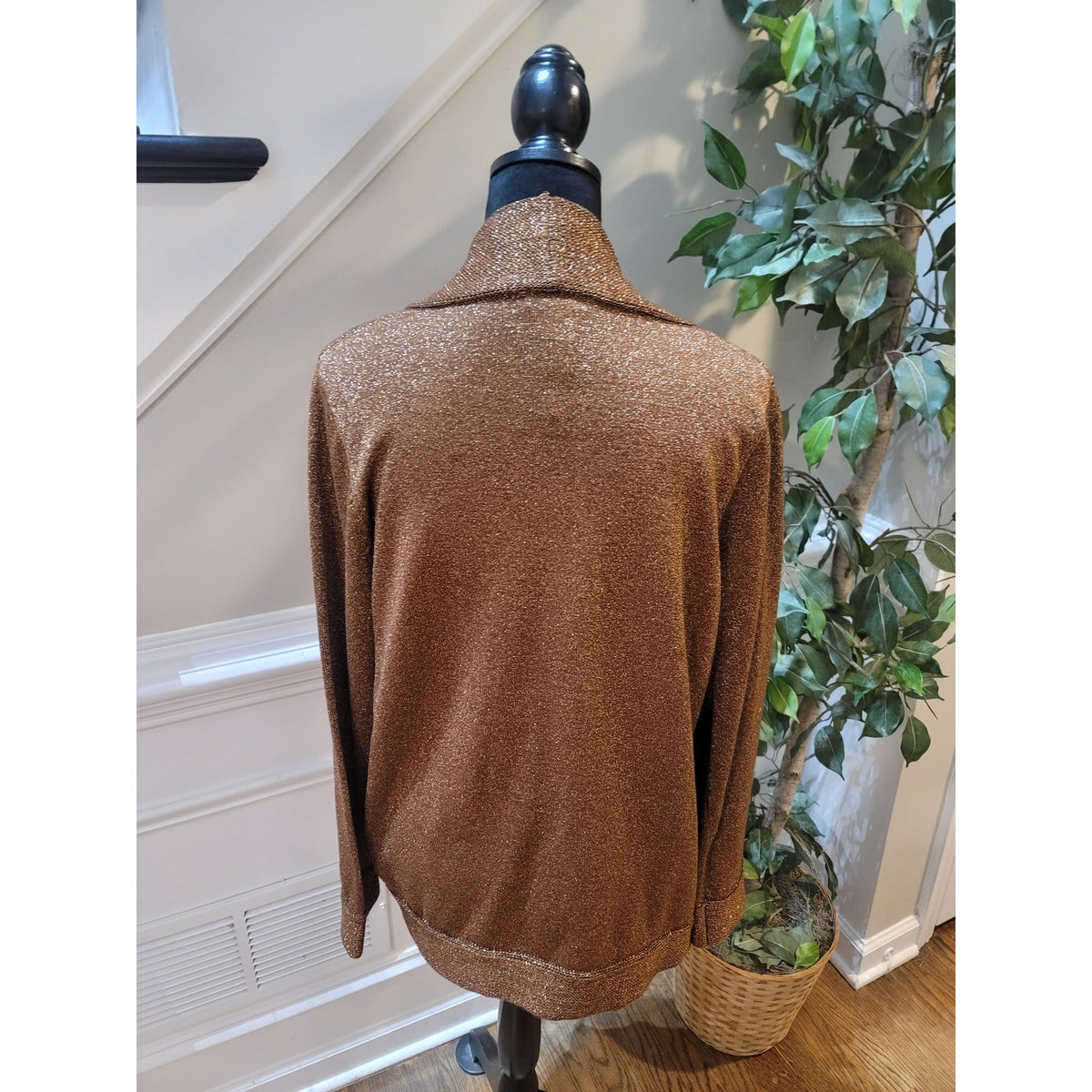 Investment 2 Pc Cardigan Sweater Women Medium Brown Ribbed Back Zipper Mock Neck