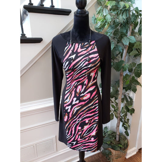BISOU BISOU Women's Multi Animal Print Back Zip Long Sleeve Knee Length Dress 10