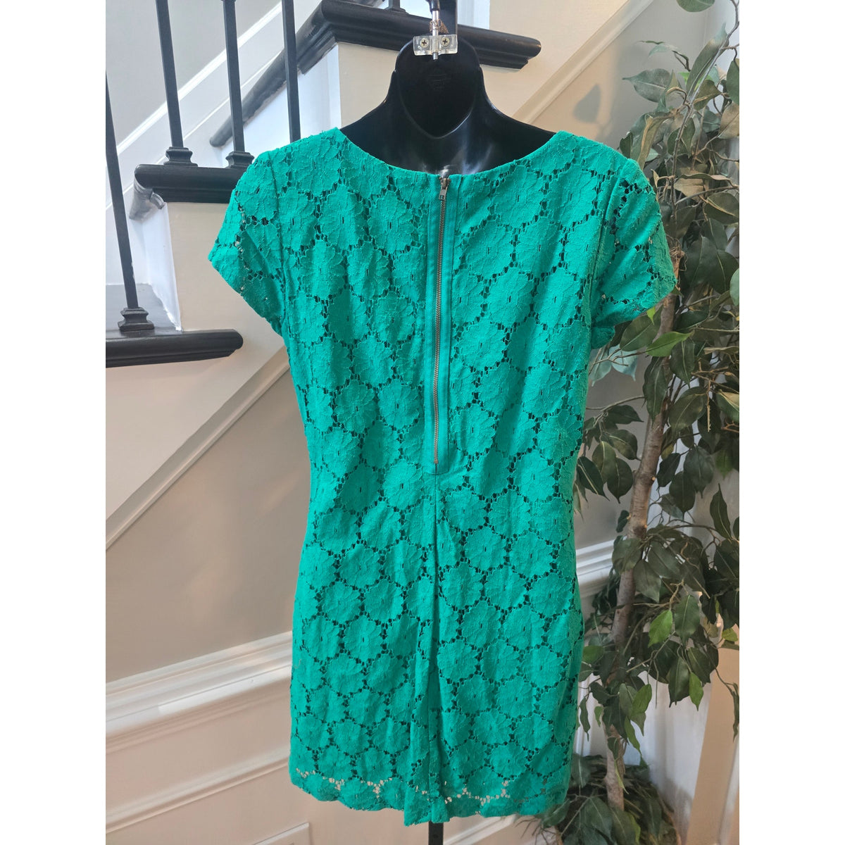 Sheath Dress Women Chest Small Emerald Green Floral Lace Back Zipper Cap Sleeves