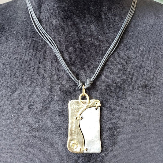 Women's Black Leather Cord Silver & Bronze Pendant Necklace with Lobster Clasp