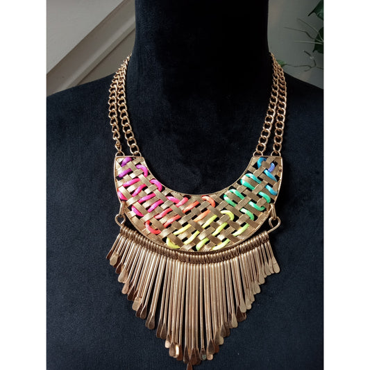 Boho Rainbow Woven Fringe Statement Necklace Multicolor Bib Tribal Collar