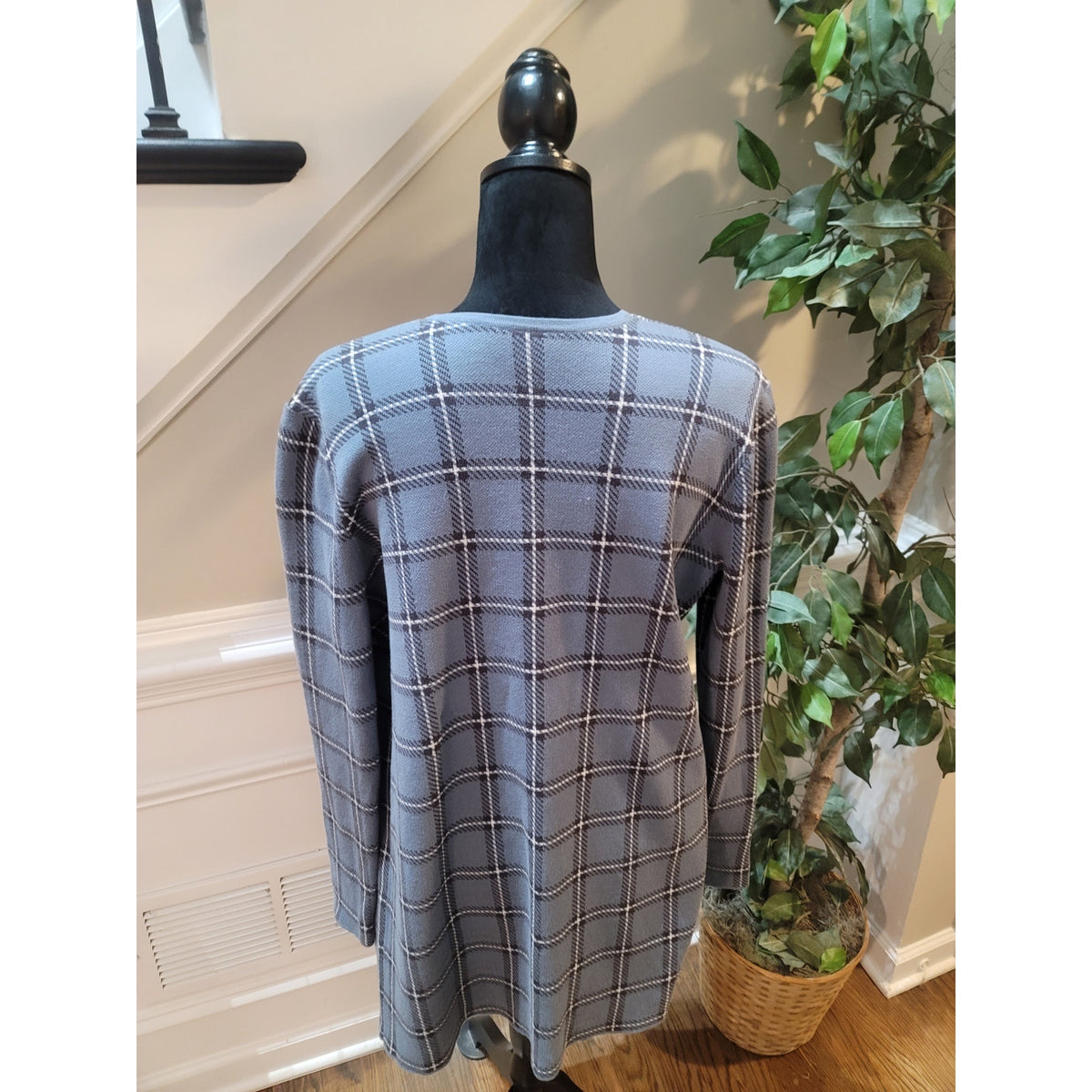 Loft Cardigan Sweater Women's Medium Blue Windowpane Plaid Longline Open Front