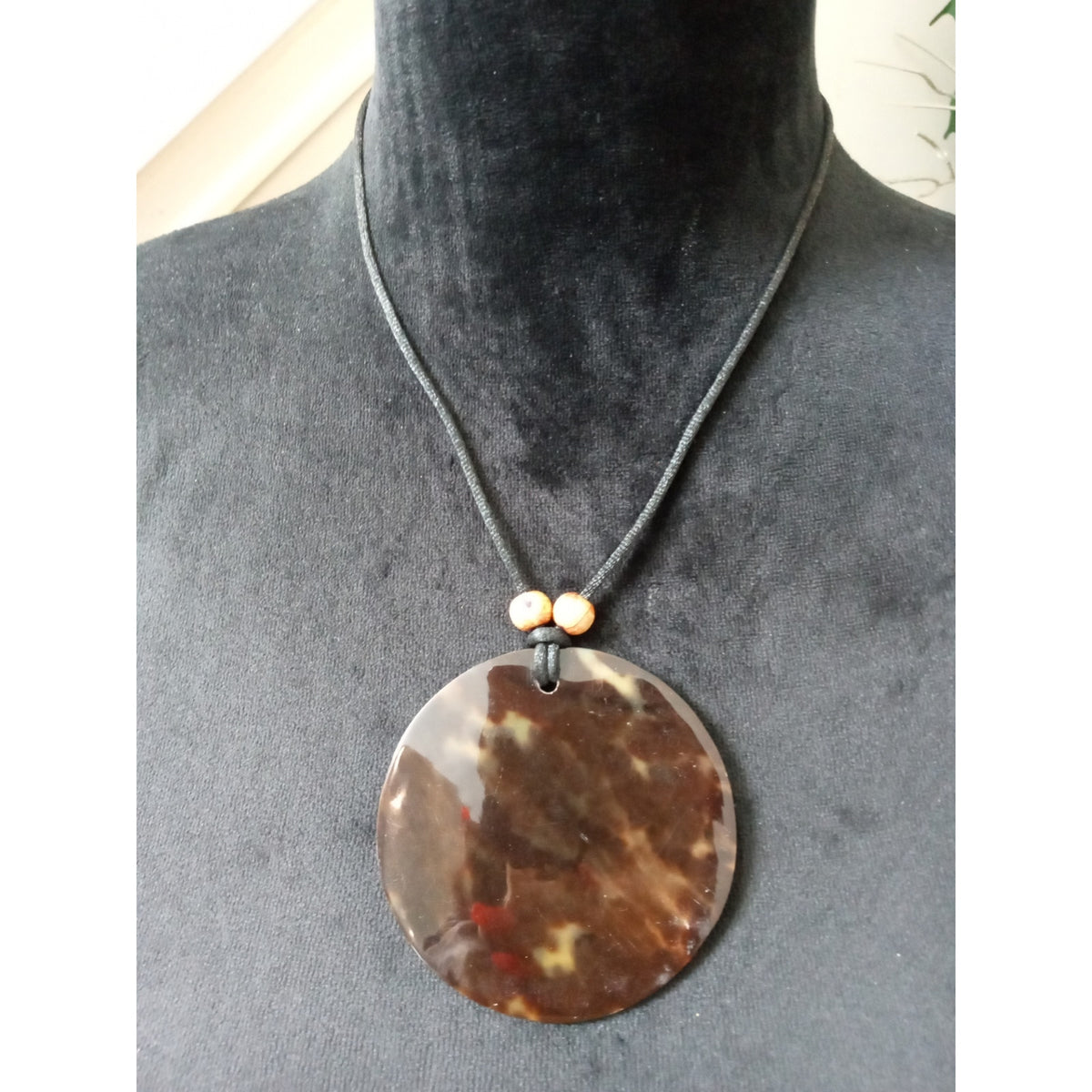 Brown Shell Disc Pendant Necklace Black Cord Boho Natural Statement Necklace