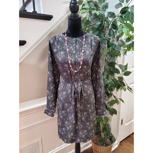LOFT Women's Gray Floral 100% Polyester Long Sleeve Knee Length Dress Medium
