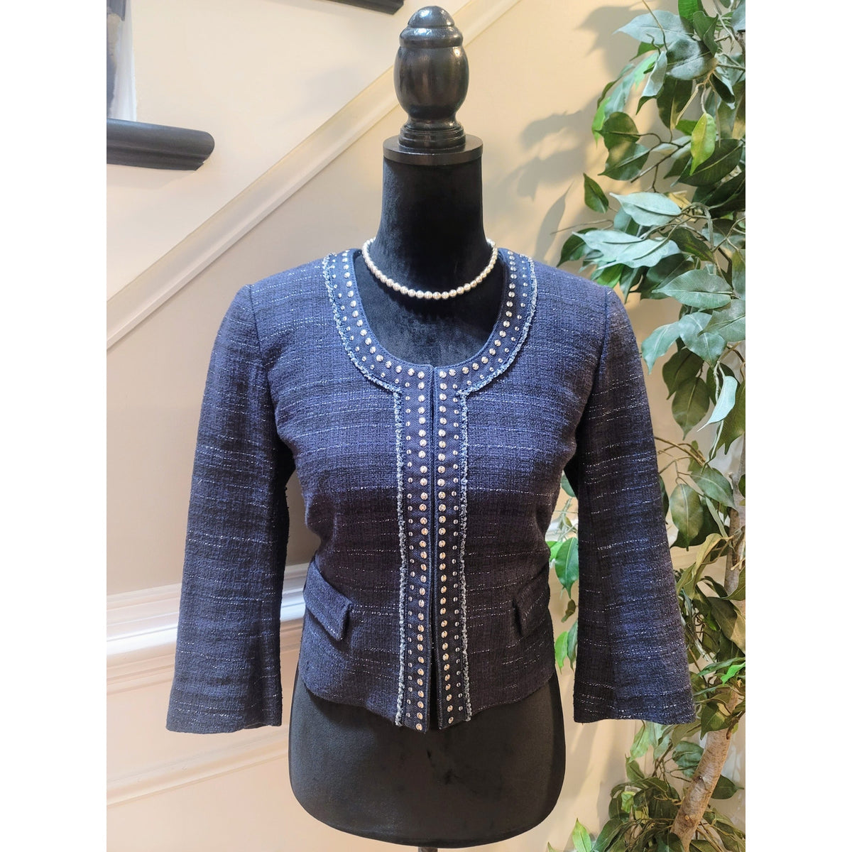 Loft Ann Taylor Blazer Jacket Women's SZ 8 Navy Blue Studded Frayed Faux Pockets