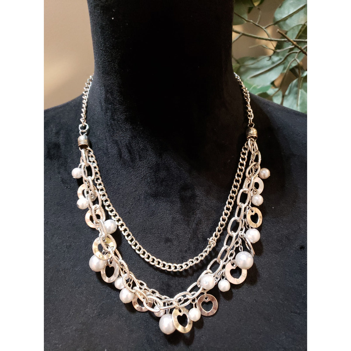 Womens Silver Tone Multi-layered Faux Pearl Heart Chain Charm Statement Necklace