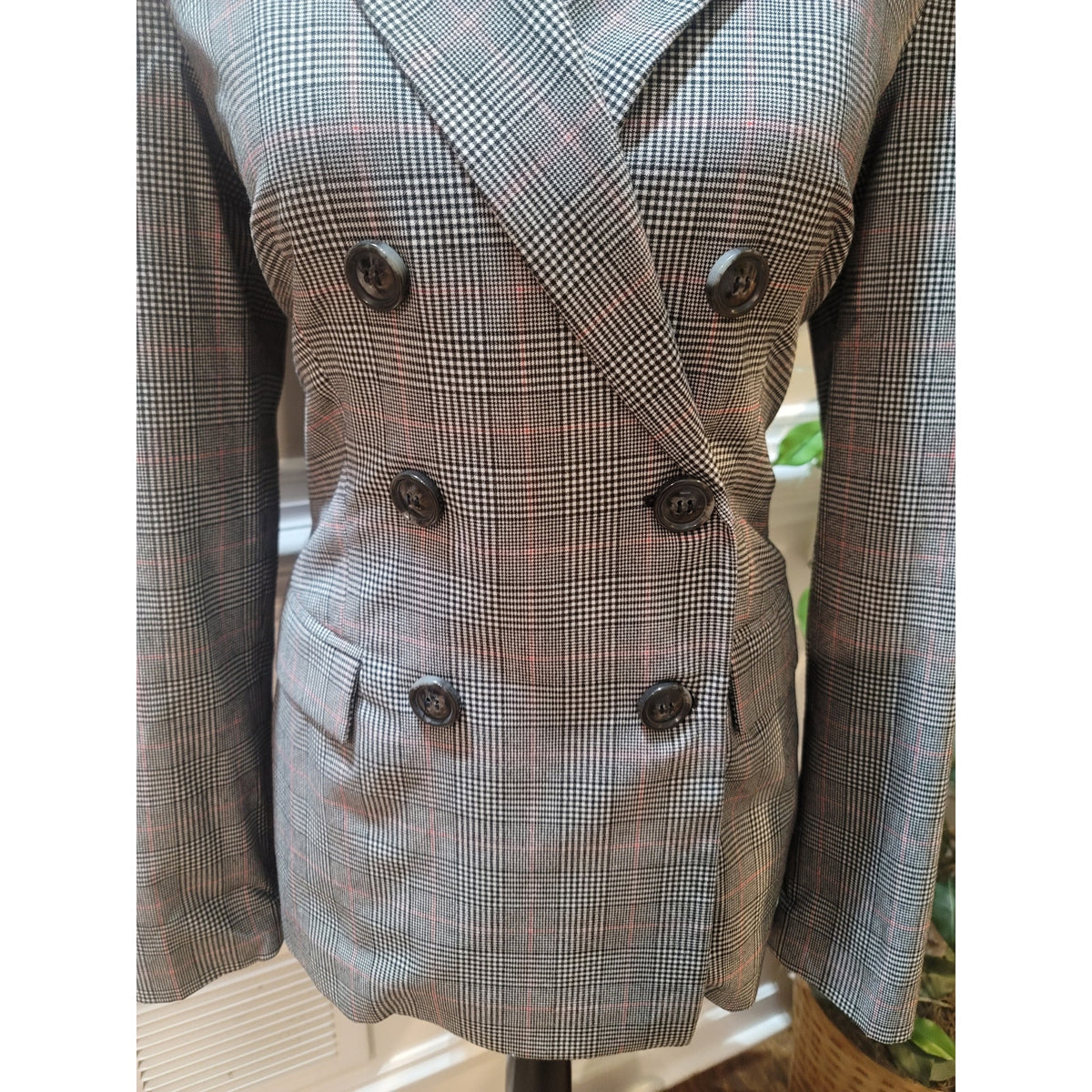 Guess Blazer Women Small Gray/Black Plaid Double Breasted Faux Pocket Lined