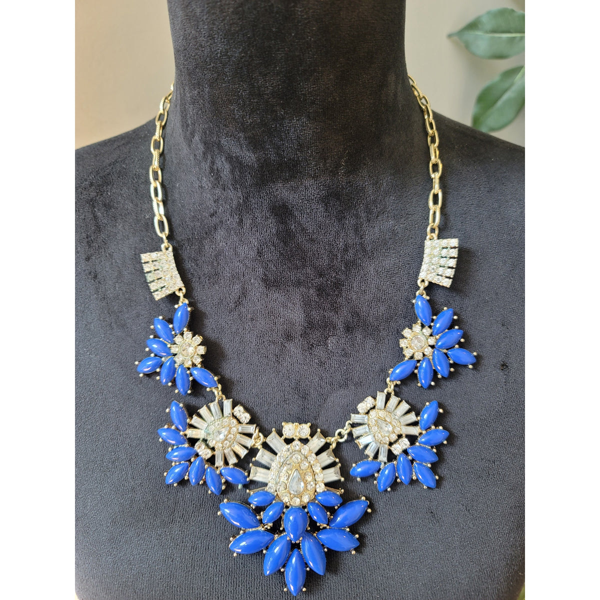 Women's Blue Statement Bib Necklace With Crystals And Lobster Clasp Lock