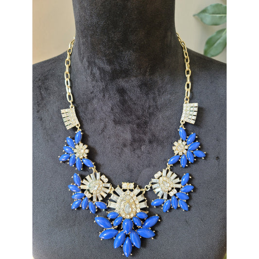 Women's Blue Statement Bib Necklace With Crystals And Lobster Clasp Lock