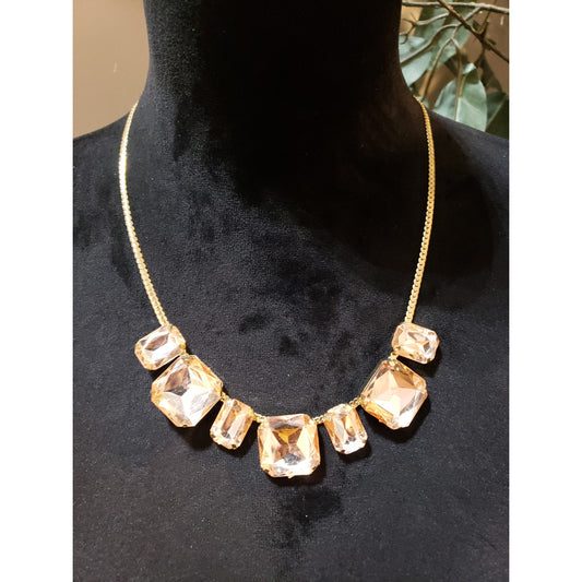 Womens Retro Glam Square Gold Tone w/Cut Crystals Necklace