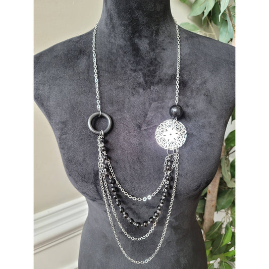 Women Silver Tone Chain Necklace with Black Beads & Floral Pendant Lobster Clasp