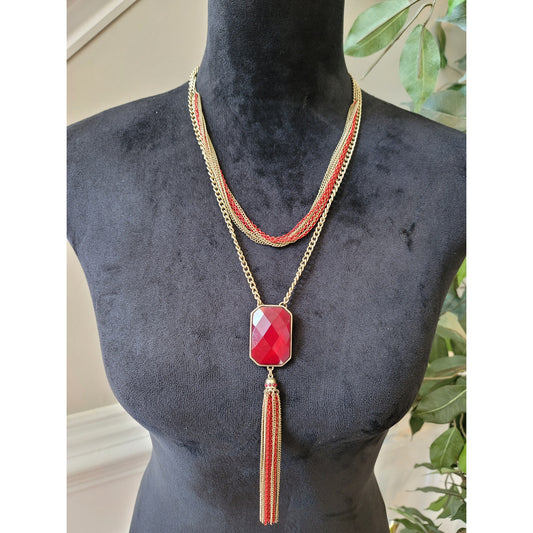NY Women's Gold Chain Necklace Red Stone Pendant With Tassel And Lobster Claw