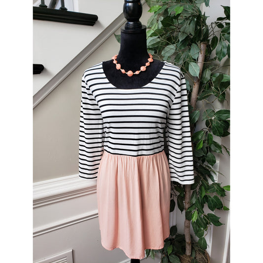 Umgee Tunic Top Womens Large White Striped Peach Bottom Long Sleeve Pullover