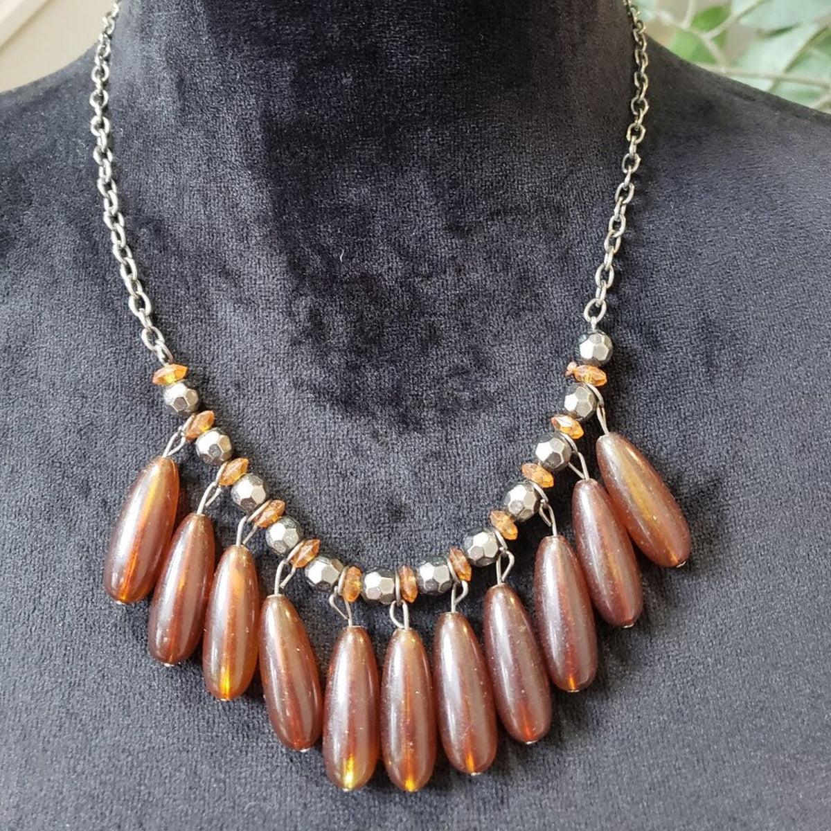 Womens Fashion Brown Glass Beads Link Chain Necklace Jewelry with Lobster Clasp