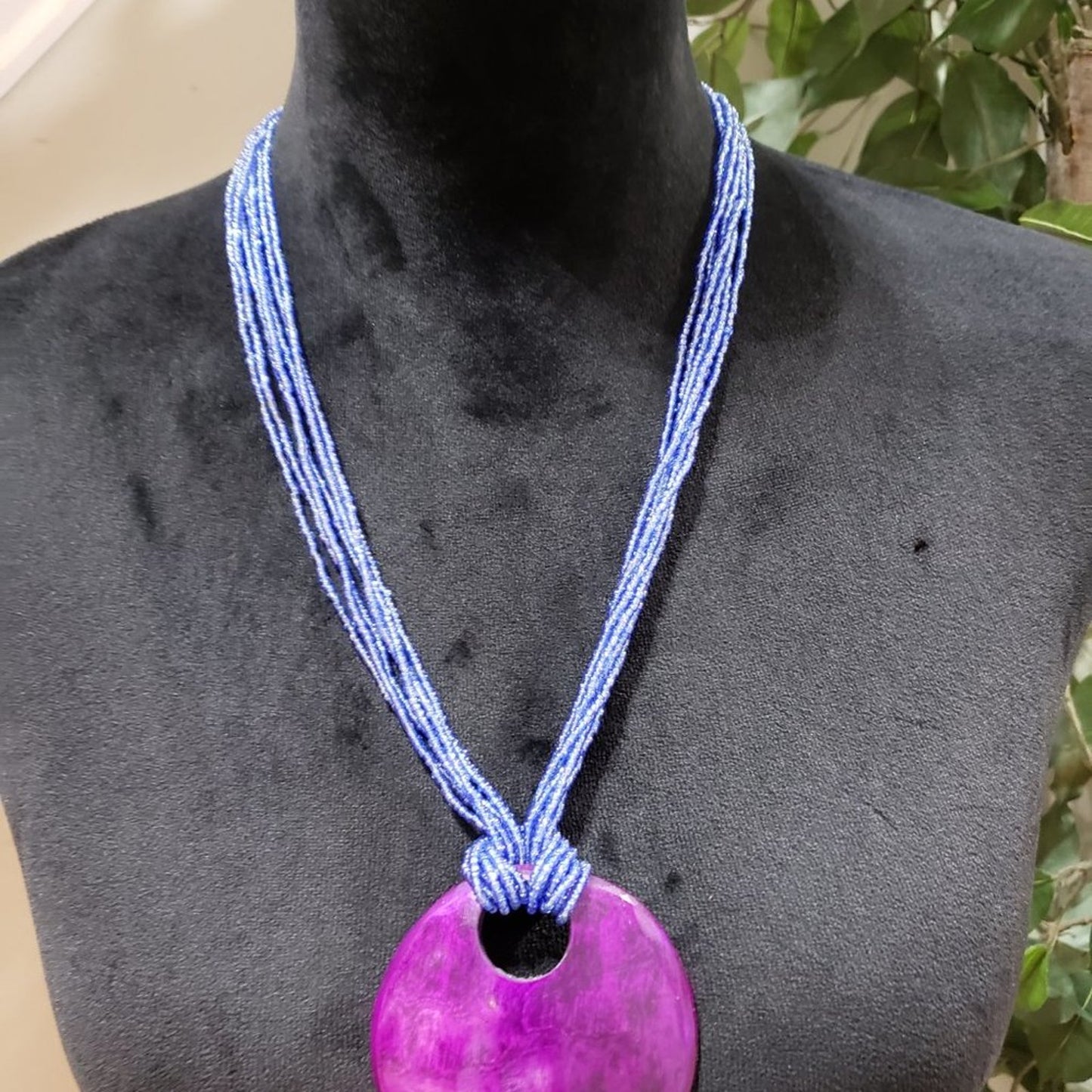 Womens Fashion Chunky Multi Strand Elegant Blue Seed Beaded Big Pendant Necklace